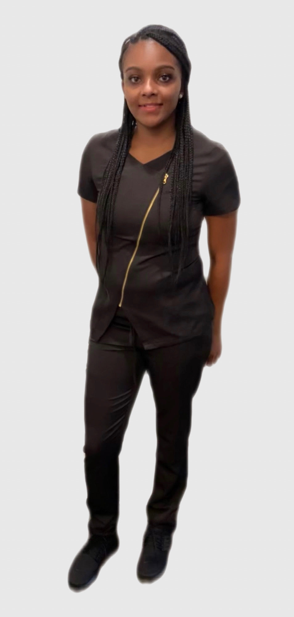 Woman wearing zipper scrub set